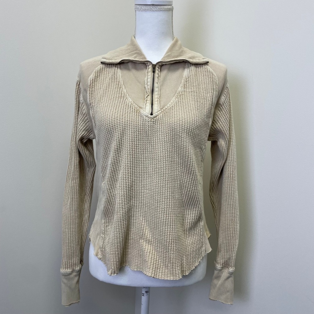 Free People Ashton Half Zip Thermal Top S Tan Waffle Knit Slouchy Pullover